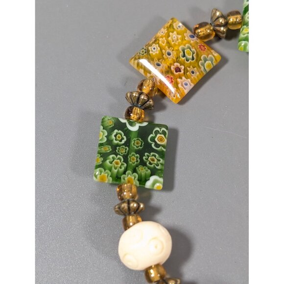 Bronze Tone Green Yellow Millefiori Glass Square Bead Bracelet 7" - Picture 5 of 7